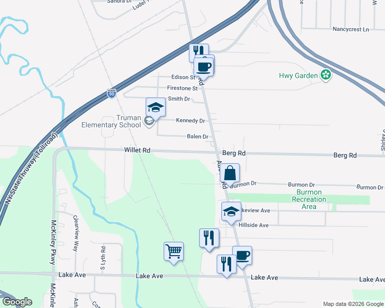map of restaurants, bars, coffee shops, grocery stores, and more near 773 Willett Road in Hamburg