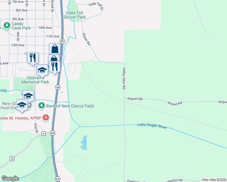 map of restaurants, bars, coffee shops, grocery stores, and more near N8221 Valley View Road in New Glarus