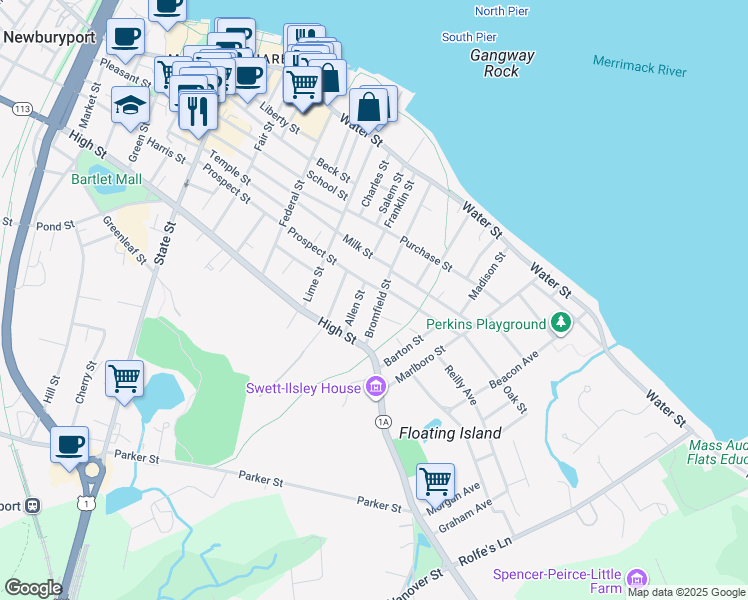map of restaurants, bars, coffee shops, grocery stores, and more near 1 Bromfield Court in Newburyport