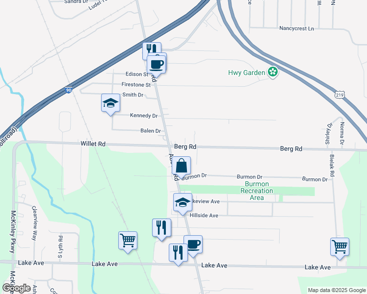 map of restaurants, bars, coffee shops, grocery stores, and more near 3017 Abbott Road in Orchard Park
