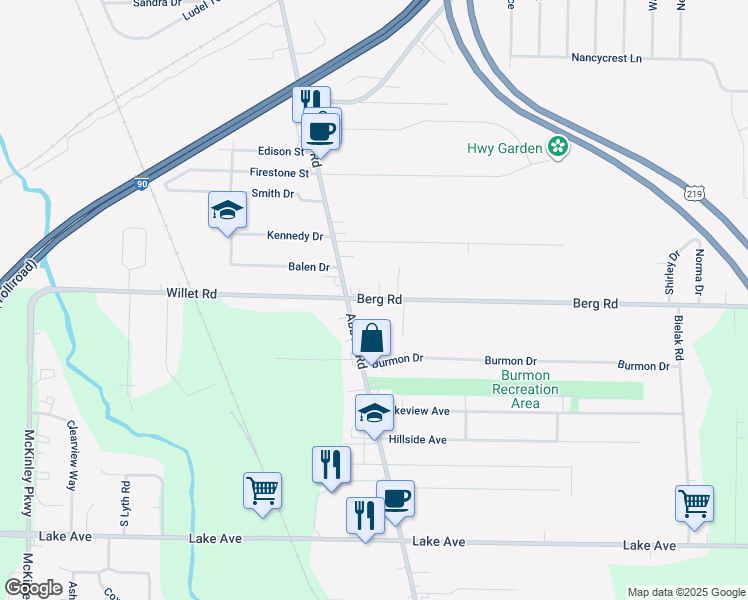 map of restaurants, bars, coffee shops, grocery stores, and more near 3017 Abbott Road in Orchard Park