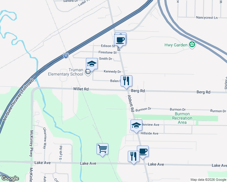 map of restaurants, bars, coffee shops, grocery stores, and more near 773 Willett Road in Hamburg