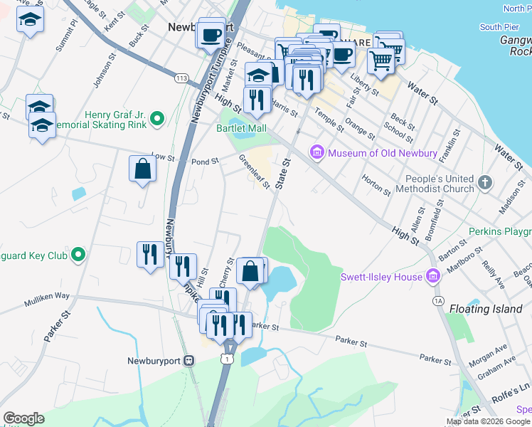 map of restaurants, bars, coffee shops, grocery stores, and more near 140 State Street in Newburyport
