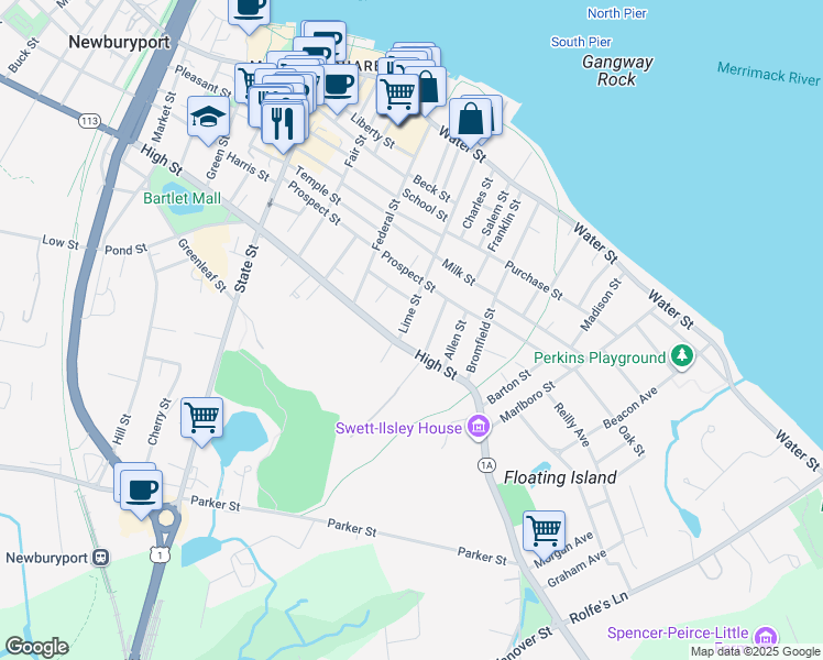 map of restaurants, bars, coffee shops, grocery stores, and more near 105 Lime Street in Newburyport