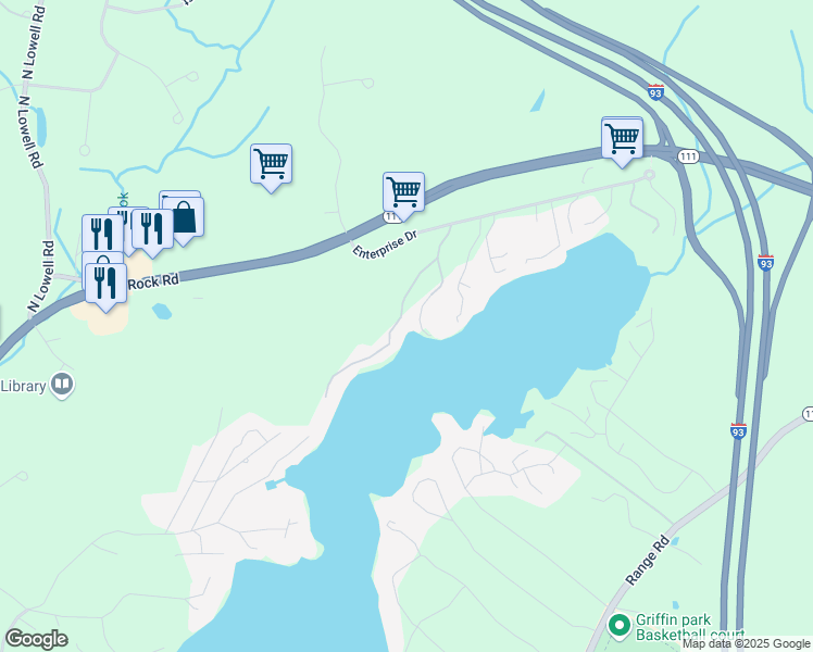 map of restaurants, bars, coffee shops, grocery stores, and more near 13 North Shore Road in Windham