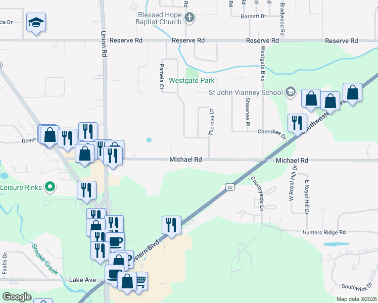 map of restaurants, bars, coffee shops, grocery stores, and more near 308 Michael Road in West Seneca
