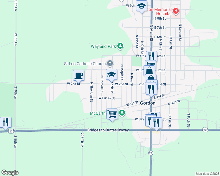 map of restaurants, bars, coffee shops, grocery stores, and more near 500 West 2nd Street in Gordon