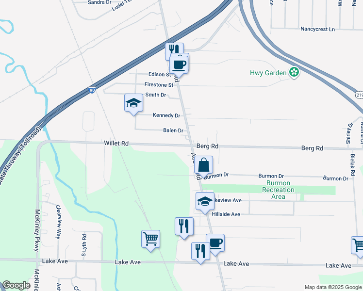 map of restaurants, bars, coffee shops, grocery stores, and more near 821 Willet Road in Orchard Park
