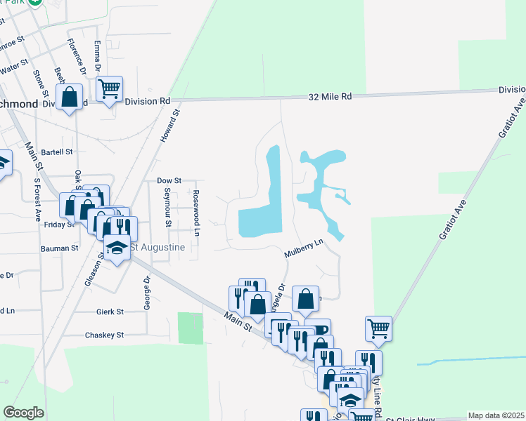 map of restaurants, bars, coffee shops, grocery stores, and more near 68030 Lake Angela Drive in Richmond