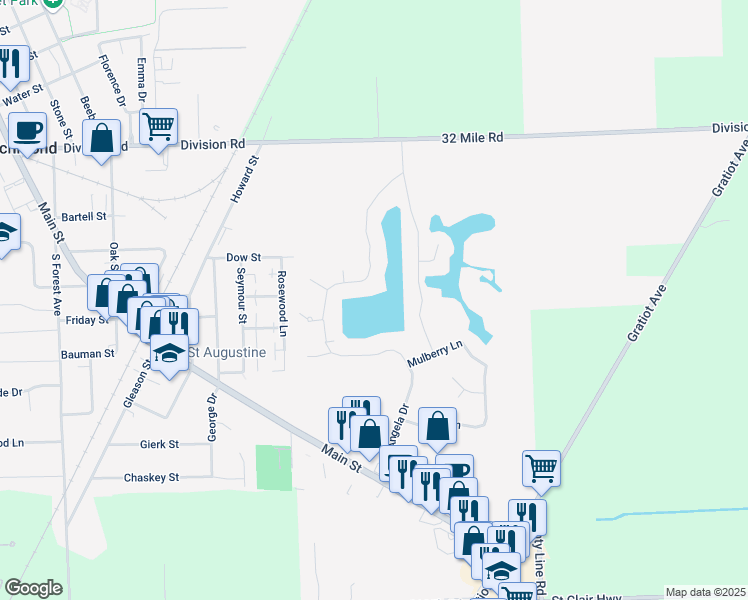 map of restaurants, bars, coffee shops, grocery stores, and more near 68030 Lake Angela Drive in Richmond