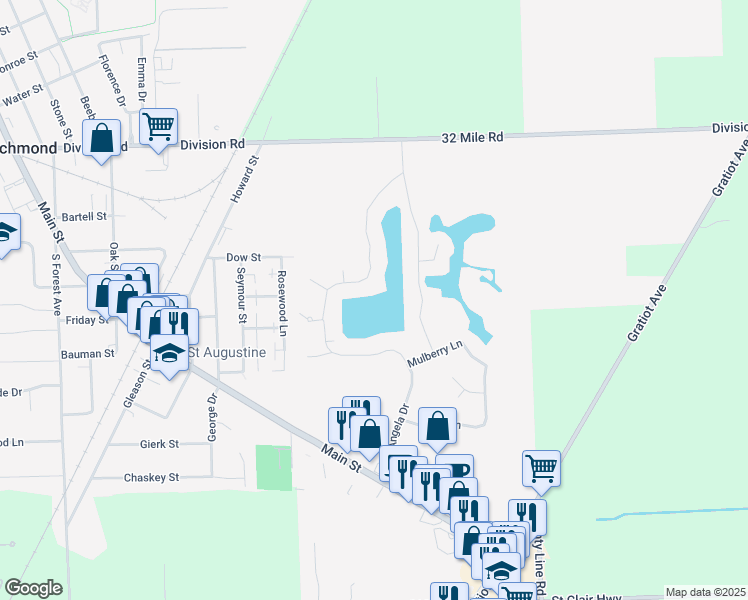 map of restaurants, bars, coffee shops, grocery stores, and more near 68030 Lake Angela Drive in Richmond