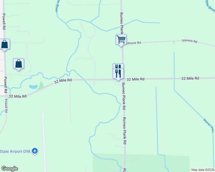 map of restaurants, bars, coffee shops, grocery stores, and more near 16350 32 Mile Road in Ray