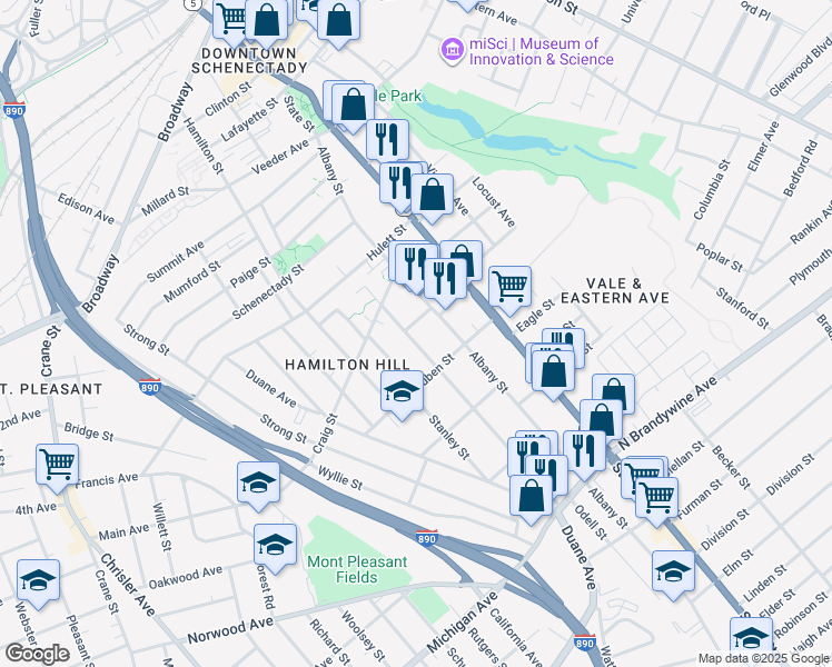 map of restaurants, bars, coffee shops, grocery stores, and more near 852 Emmett Street in Schenectady