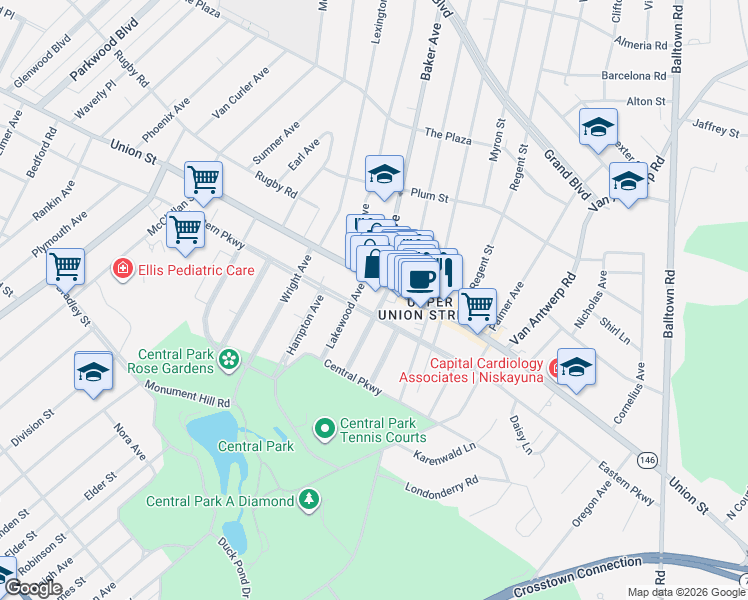map of restaurants, bars, coffee shops, grocery stores, and more near 902 Woodland Avenue in Schenectady