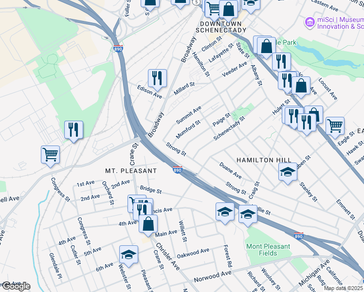 map of restaurants, bars, coffee shops, grocery stores, and more near 546 Schenectady Street in Schenectady