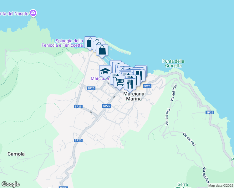 map of restaurants, bars, coffee shops, grocery stores, and more near 31 Viale Principe Amedeo in Marciana Marina
