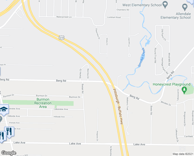 map of restaurants, bars, coffee shops, grocery stores, and more near 5552 Berg Road in Buffalo