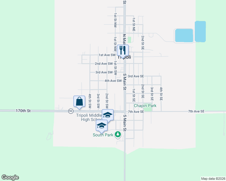 map of restaurants, bars, coffee shops, grocery stores, and more near 607 2nd Street Southwest in Tripoli