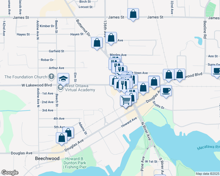 map of restaurants, bars, coffee shops, grocery stores, and more near 190 W Lakewood Blvd in Holland