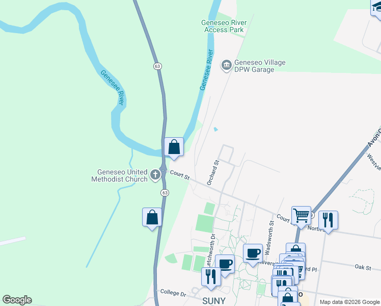 map of restaurants, bars, coffee shops, grocery stores, and more near 4353 Lower Court Street in Geneseo