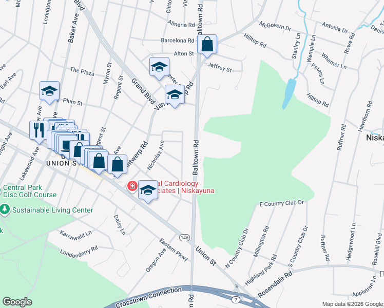 map of restaurants, bars, coffee shops, grocery stores, and more near 1061 Balltown Road in Schenectady County