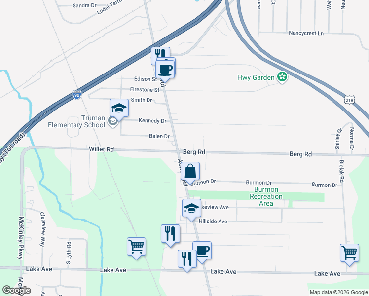 map of restaurants, bars, coffee shops, grocery stores, and more near 3017 Abbott Road in Orchard Park