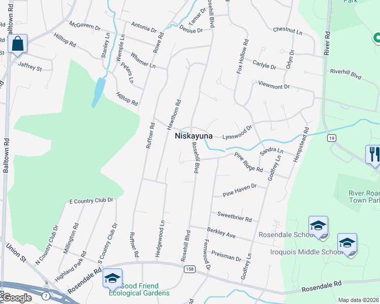 map of restaurants, bars, coffee shops, grocery stores, and more near 2207 Pine Ridge Road in Schenectady County