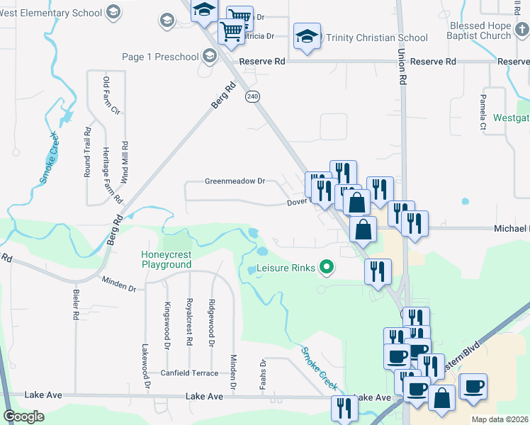 map of restaurants, bars, coffee shops, grocery stores, and more near 60 Eaglebrook Drive in Buffalo