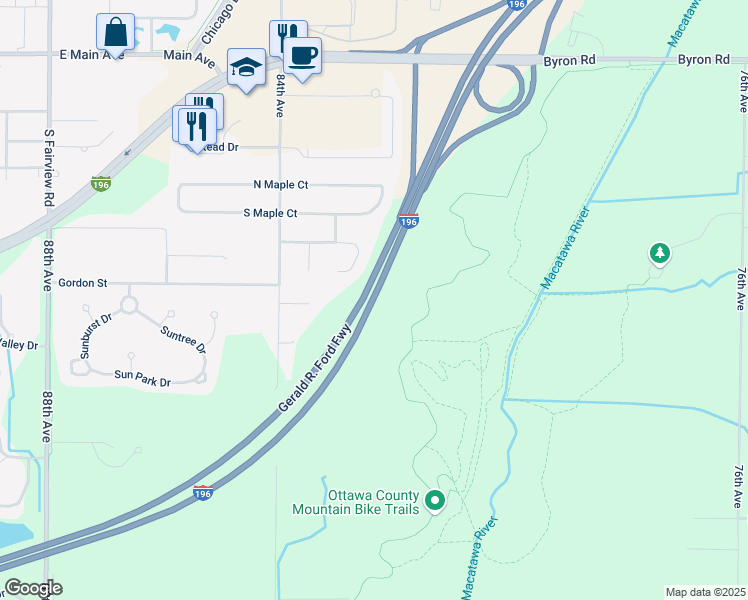 map of restaurants, bars, coffee shops, grocery stores, and more near Gerald R. Ford Fwy in Zeeland Charter Township