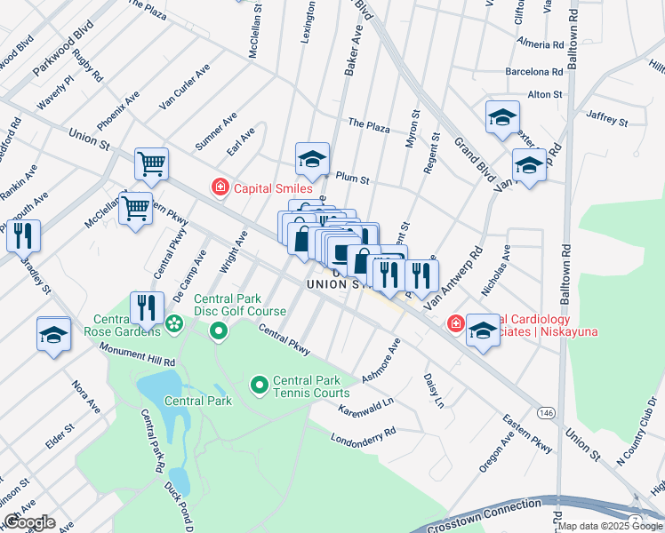 map of restaurants, bars, coffee shops, grocery stores, and more near Union Street & Keyes Avenue in Schenectady