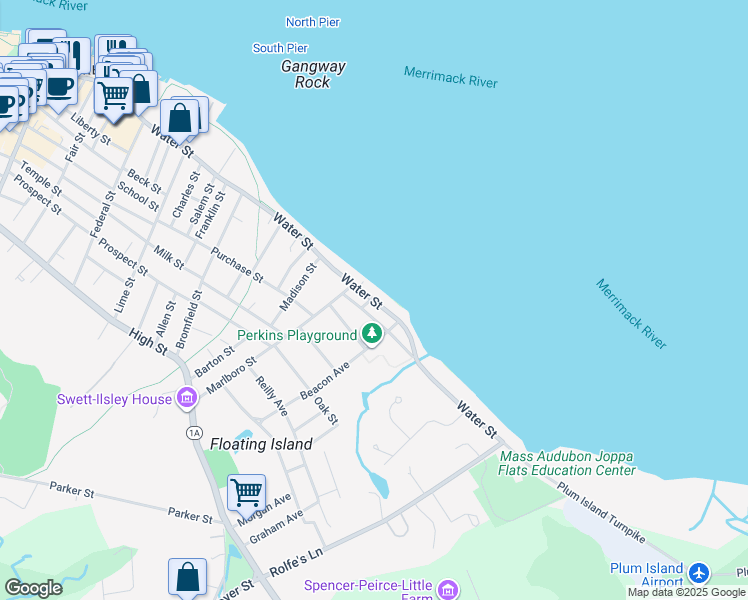 map of restaurants, bars, coffee shops, grocery stores, and more near 243 Water Street in Newburyport