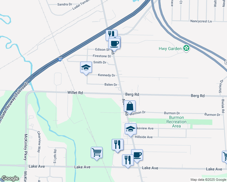 map of restaurants, bars, coffee shops, grocery stores, and more near 821 Willet Road in Orchard Park