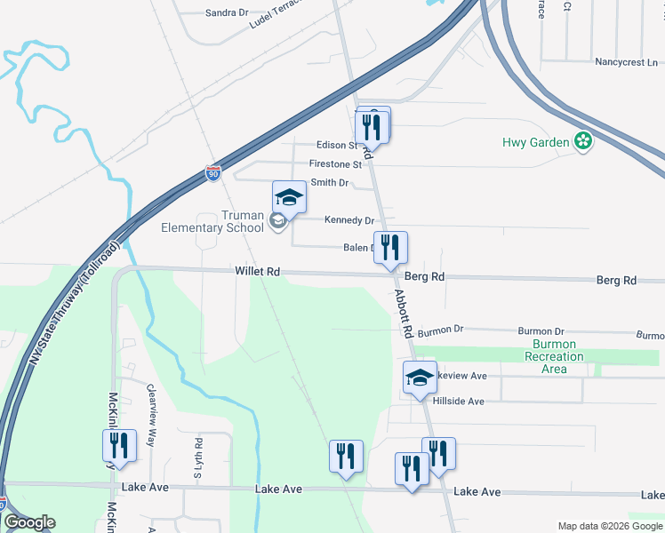 map of restaurants, bars, coffee shops, grocery stores, and more near 745 Willett Road in Hamburg