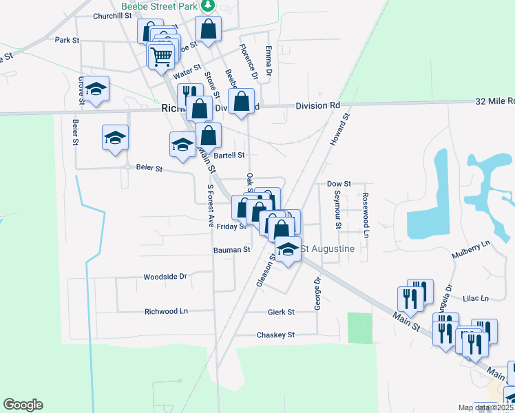 map of restaurants, bars, coffee shops, grocery stores, and more near 68365 Main Street in Richmond