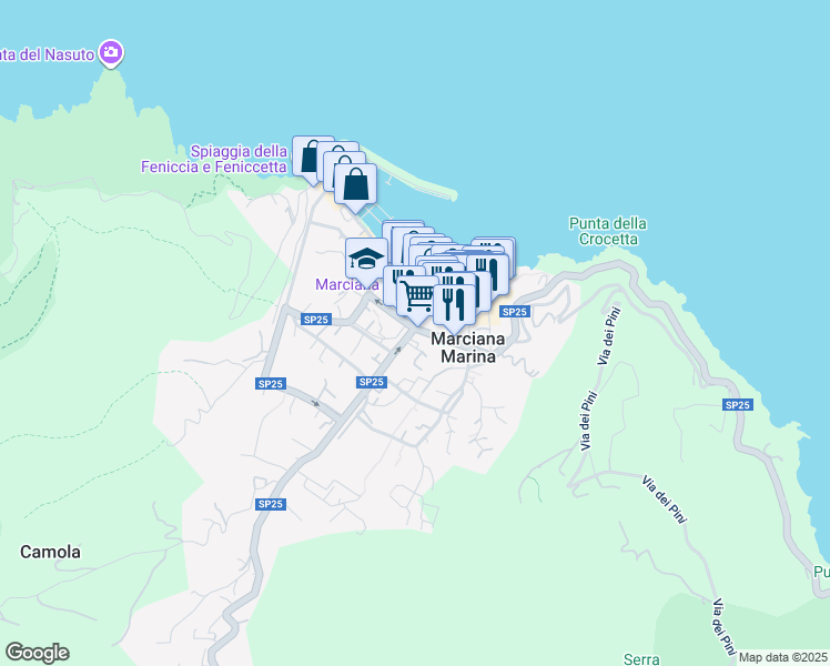 map of restaurants, bars, coffee shops, grocery stores, and more near 31 Viale Principe Amedeo in Marciana Marina