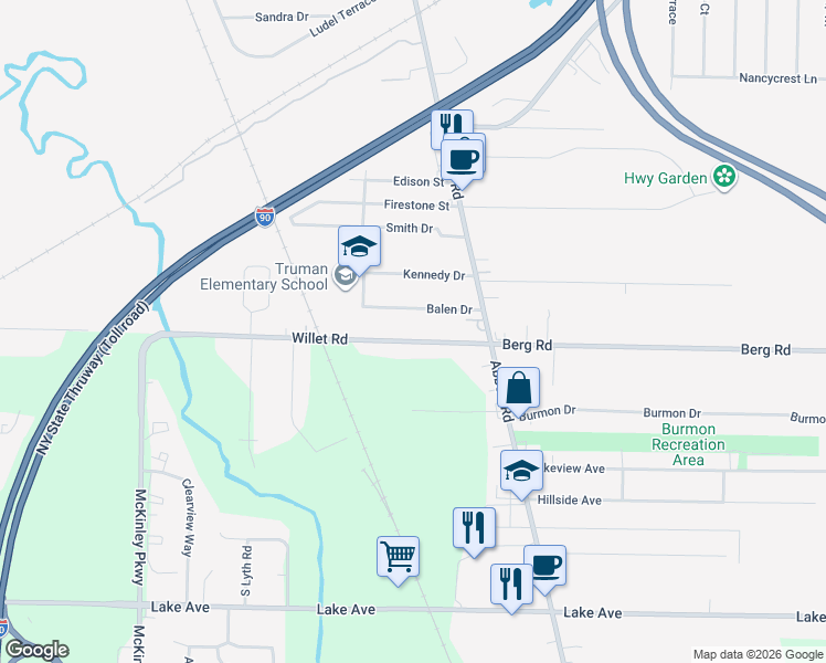 map of restaurants, bars, coffee shops, grocery stores, and more near 745 Willett Road in Hamburg