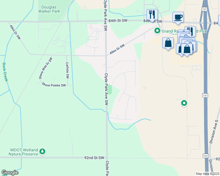 map of restaurants, bars, coffee shops, grocery stores, and more near 784 Petoskey Stone Drive in Byron Center