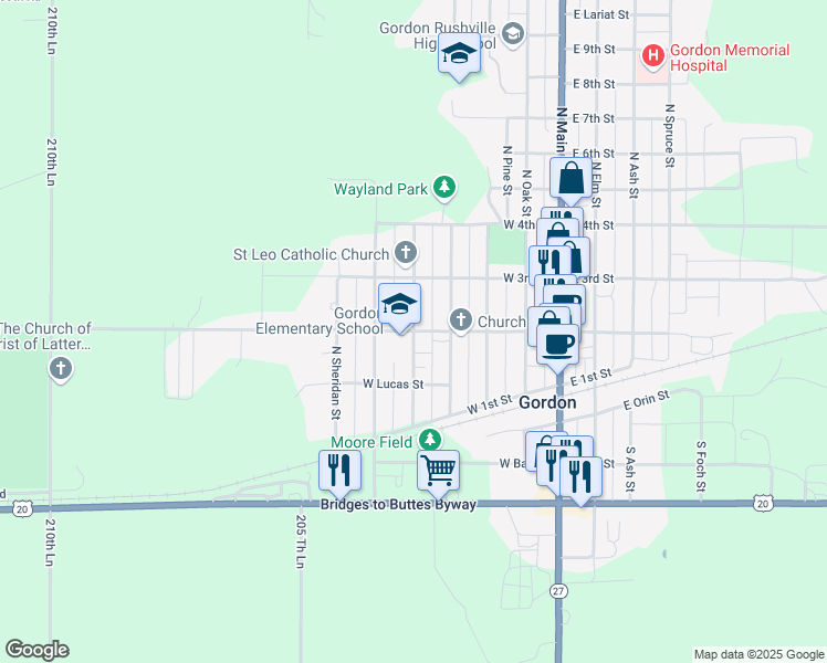 map of restaurants, bars, coffee shops, grocery stores, and more near 500 West 2nd Street in Gordon