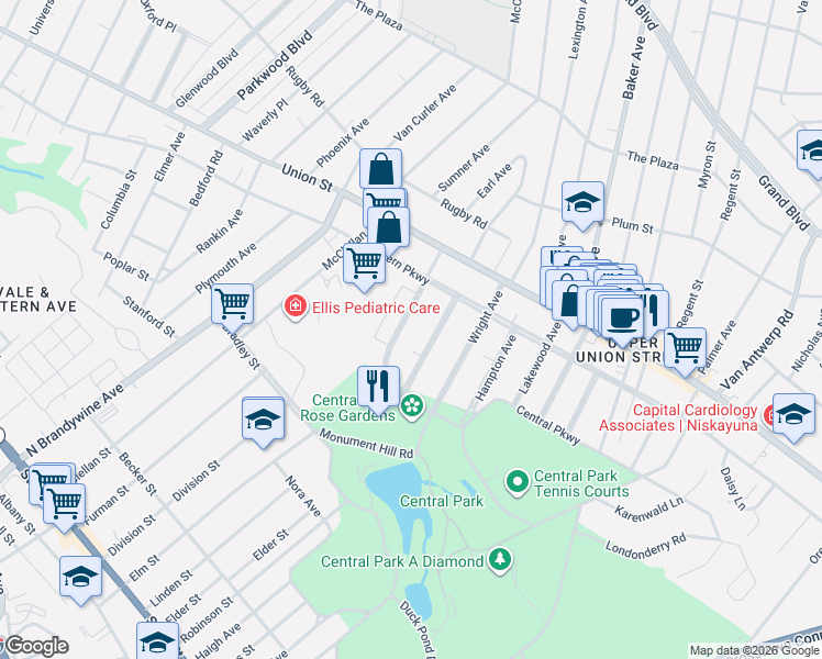 map of restaurants, bars, coffee shops, grocery stores, and more near 851 Central Parkway in Schenectady