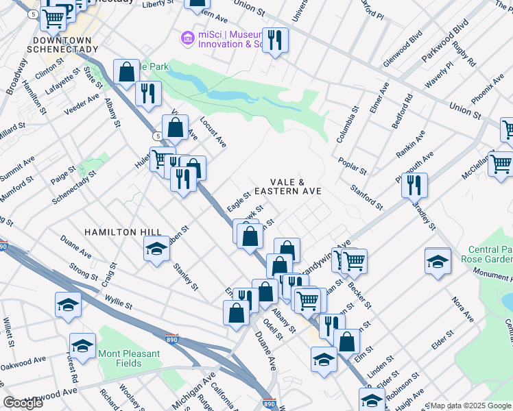map of restaurants, bars, coffee shops, grocery stores, and more near 31 Eagle Street in Schenectady