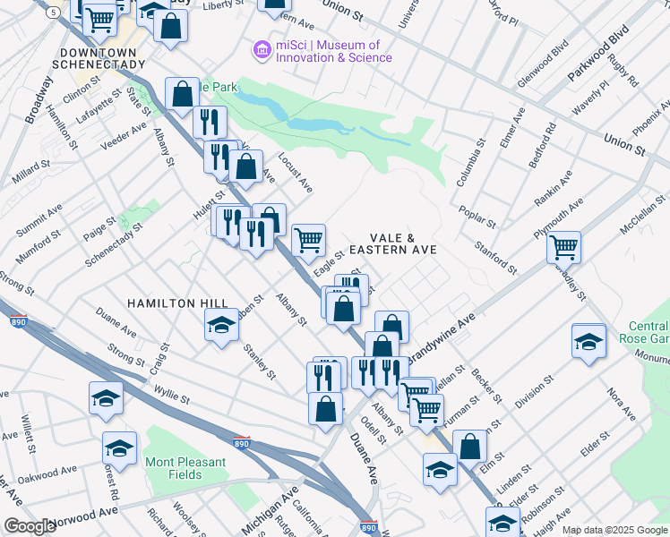 map of restaurants, bars, coffee shops, grocery stores, and more near 1166 Hilderbrandt Avenue in Schenectady