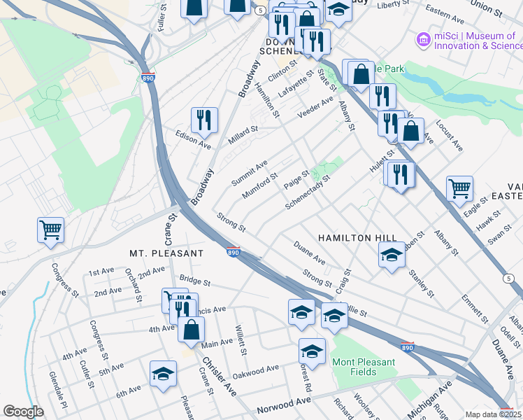 map of restaurants, bars, coffee shops, grocery stores, and more near 525 Mumford Street in Schenectady