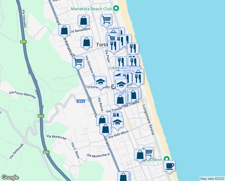 map of restaurants, bars, coffee shops, grocery stores, and more near 3 Via Galileo Galilei in Tortoreto Lido