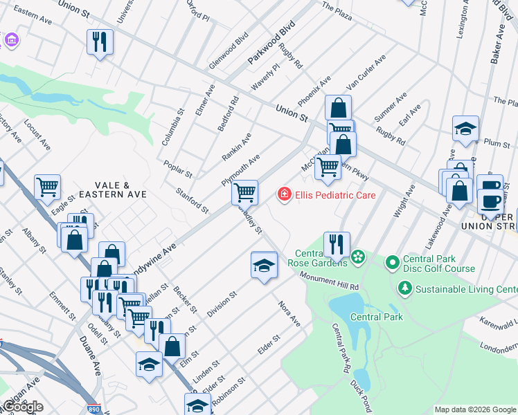 map of restaurants, bars, coffee shops, grocery stores, and more near 526 North Brandywine Avenue in Schenectady