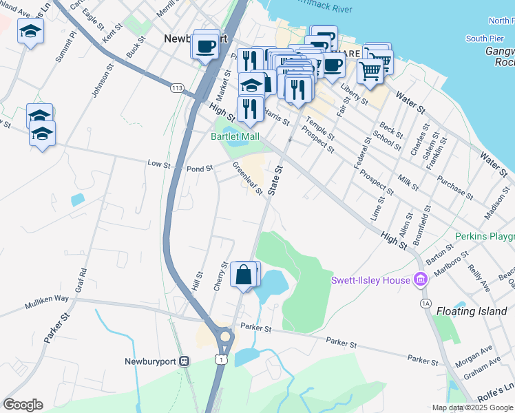 map of restaurants, bars, coffee shops, grocery stores, and more near 0 Greenleaf Street in Newburyport