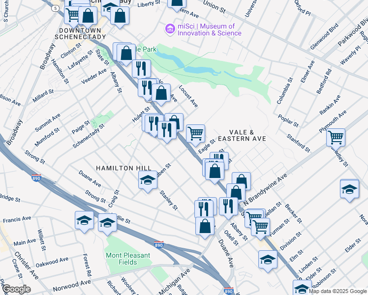 map of restaurants, bars, coffee shops, grocery stores, and more near in Schenectady