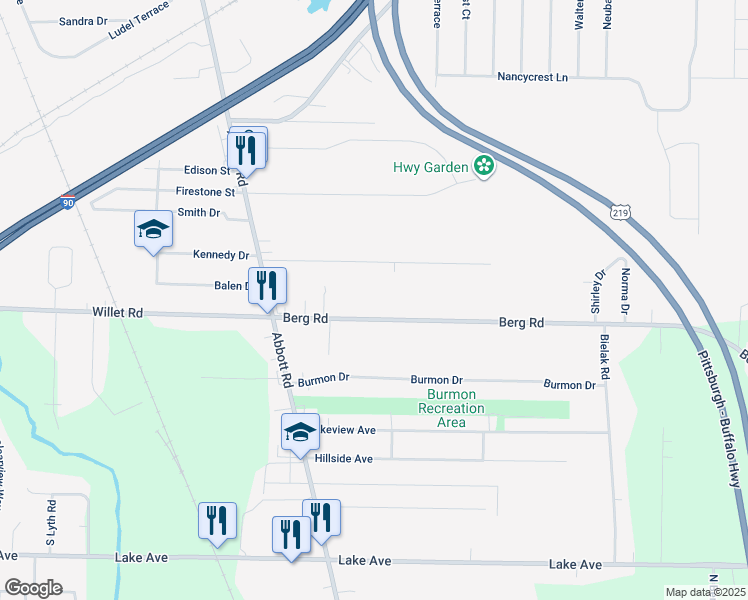 map of restaurants, bars, coffee shops, grocery stores, and more near 109 Pellman Place in Buffalo