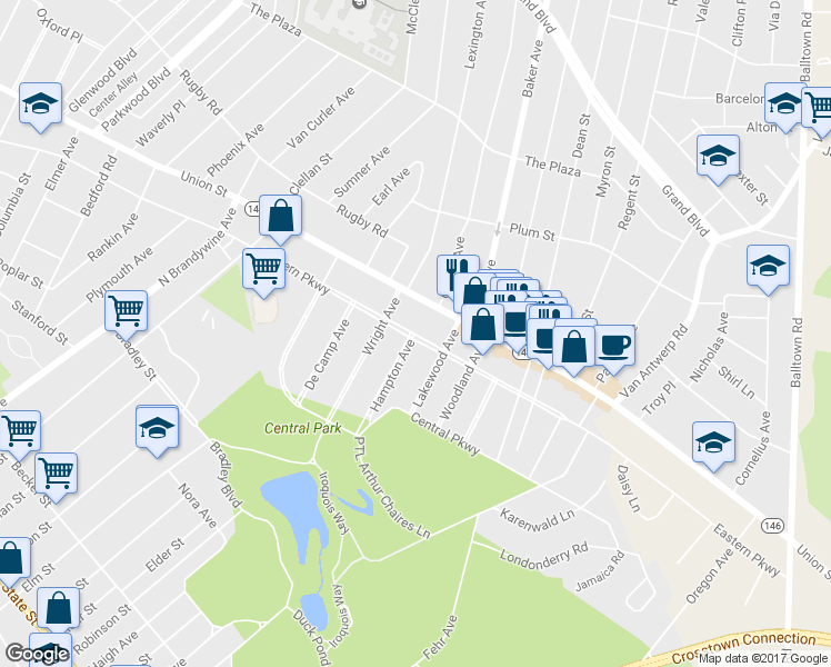 map of restaurants, bars, coffee shops, grocery stores, and more near 1839 Eastern Parkway in Schenectady