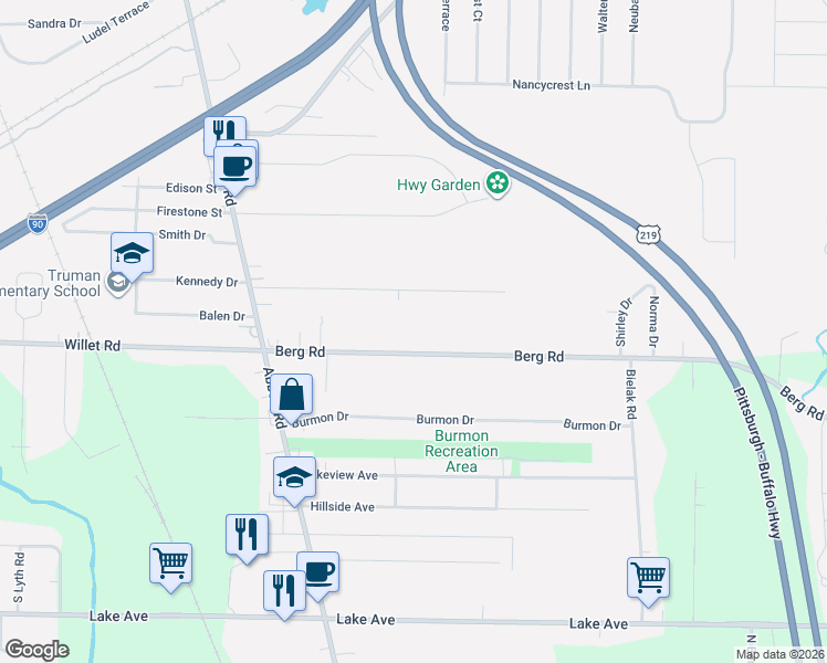 map of restaurants, bars, coffee shops, grocery stores, and more near 5200 Berg Road in Buffalo