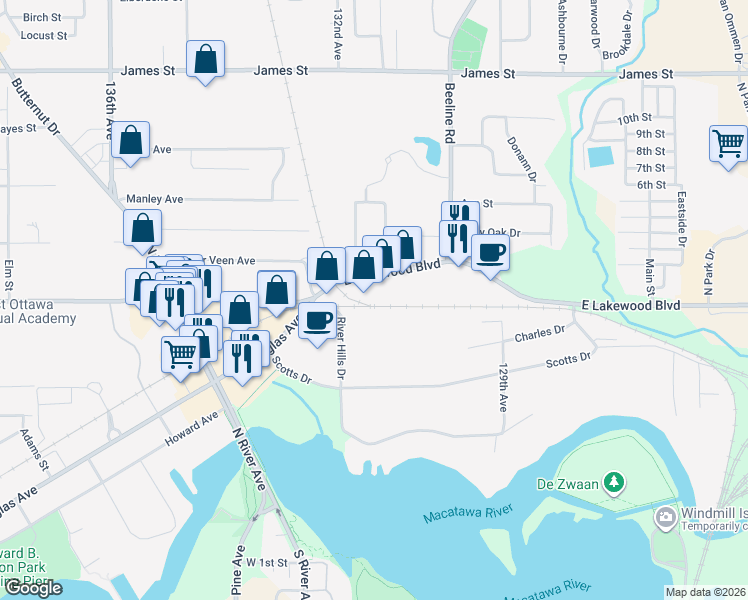 map of restaurants, bars, coffee shops, grocery stores, and more near 56 East Lakewood Boulevard in Holland